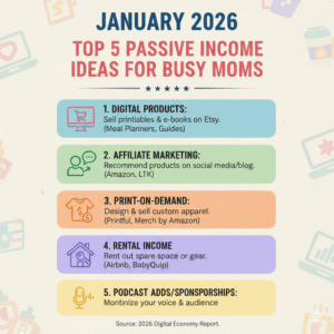 Infographic listing the top 5 passive income ideas for moms in 2026