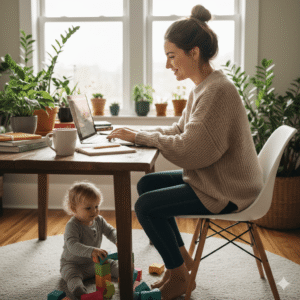 Stay at home mom working on a side hustle from a home office laptop.